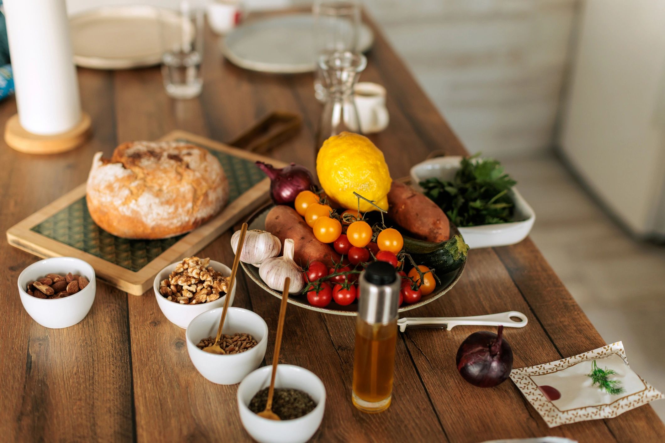 Healthy ingredients and whole foods on a rustic table